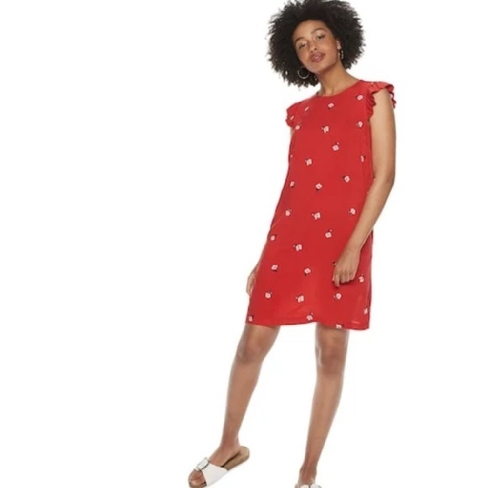 POPSUGAR Red Floral Printed Ruffled Short Sleeve Shift Dress